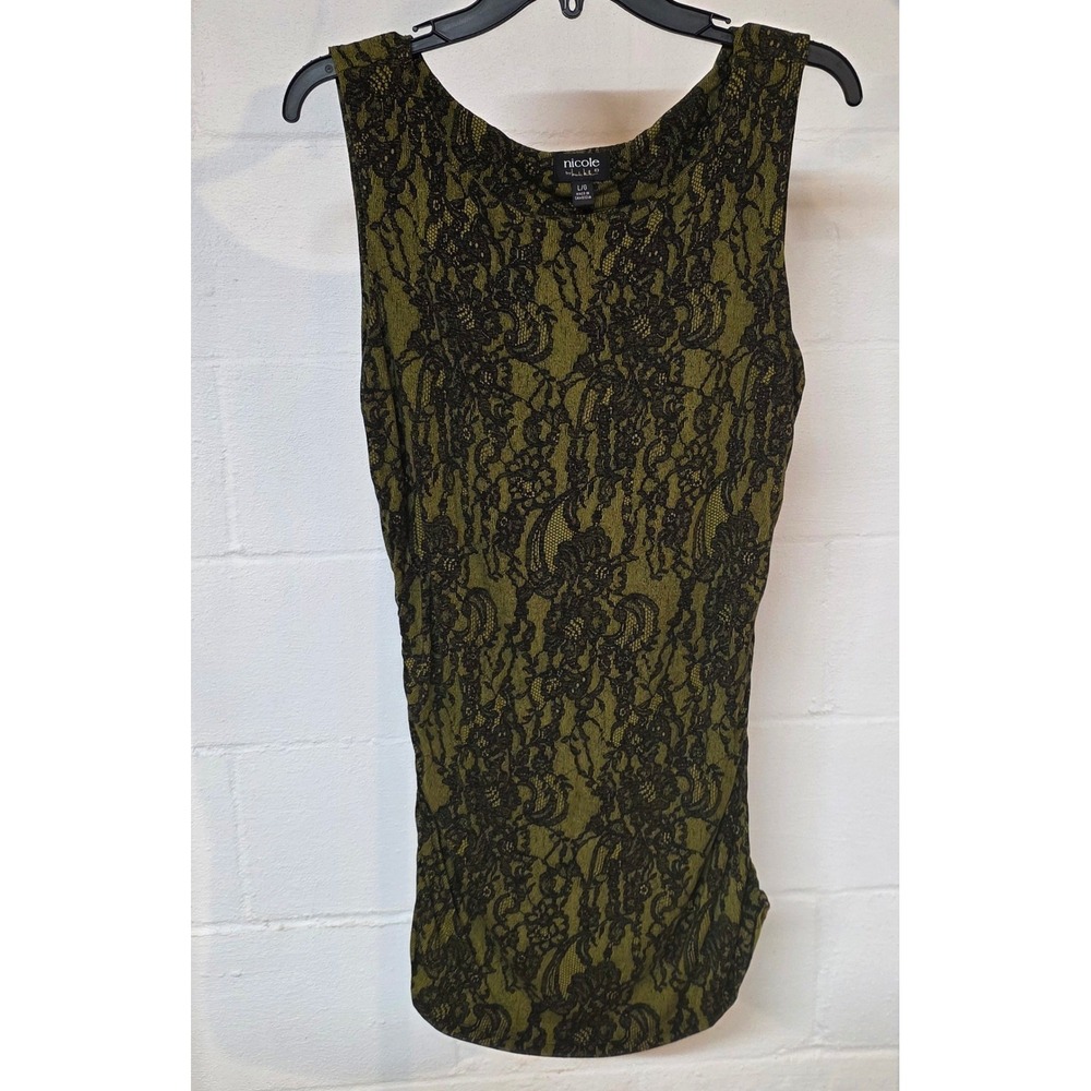 Olive and Black Lace Print Tank Dress Rusched Side Large Grunge